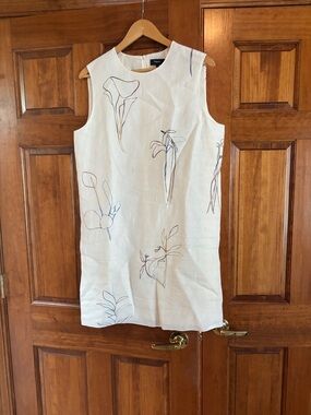 Theory Sleeveless White Linen Mini Dress with Sketch Floral Lines